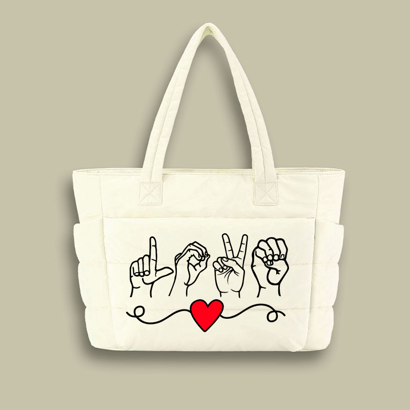 Love Sign Language Teacher Puffy Tote Bag