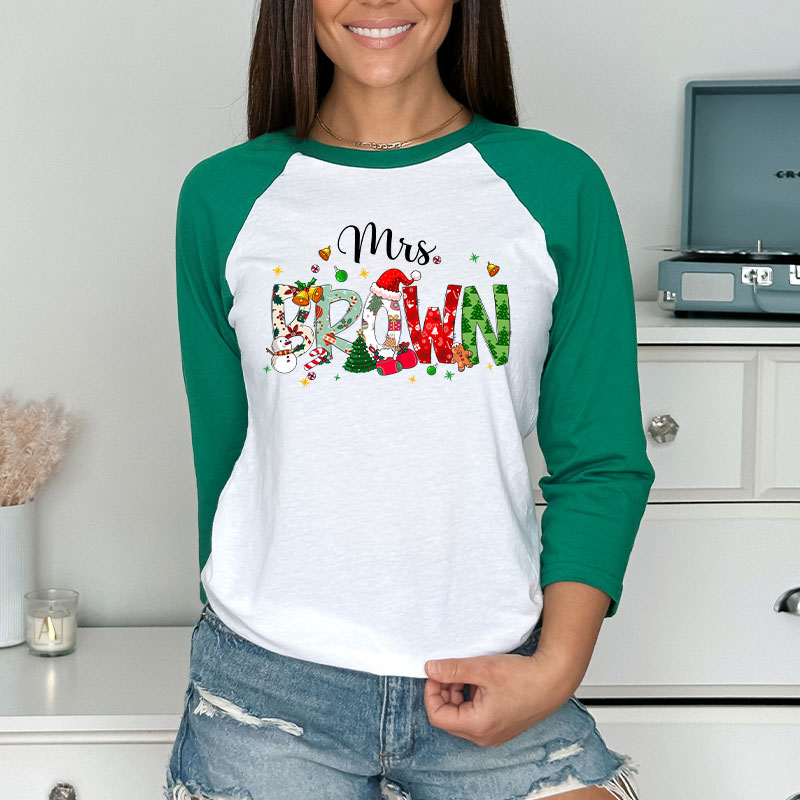 Personalized Name Christmas Atmosphere Teacher Raglan Long Sleeve T-Shirt
