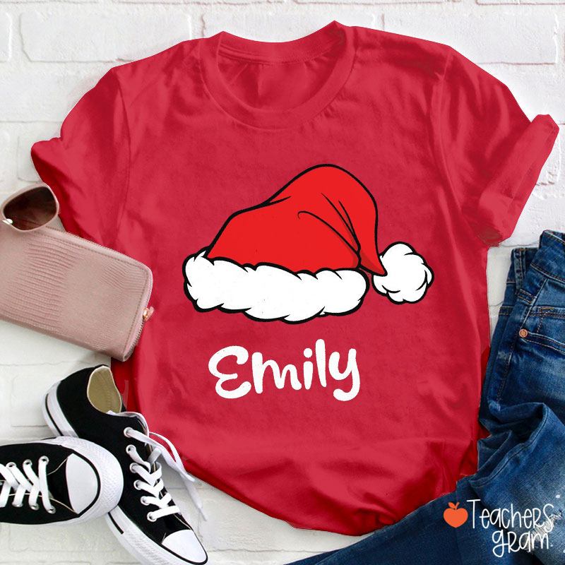 Personalized Name Santa Hat Merry Christmas Teacher T-Shirt
