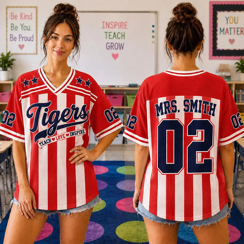 Personalized Mascot And Name Stripe Teach Love Inspire Teacher Mesh Jersey
