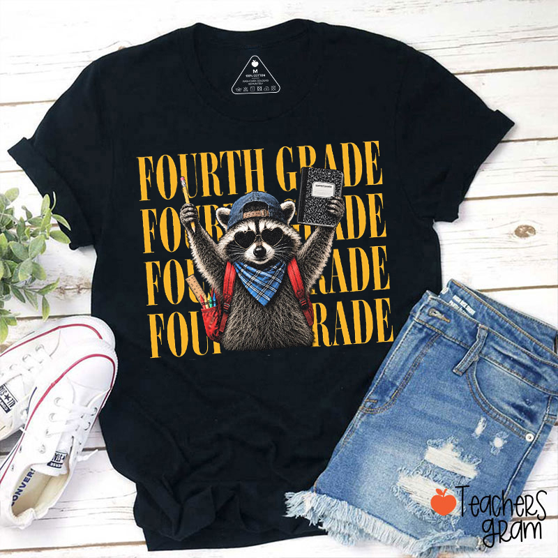 Personalized Grade Cool Raccoon School Supplies Teacher T-Shirt