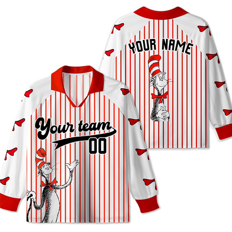 Personalized Team Name And Number Red Hat Cat Teacher Long Sleeve Collar Jersey