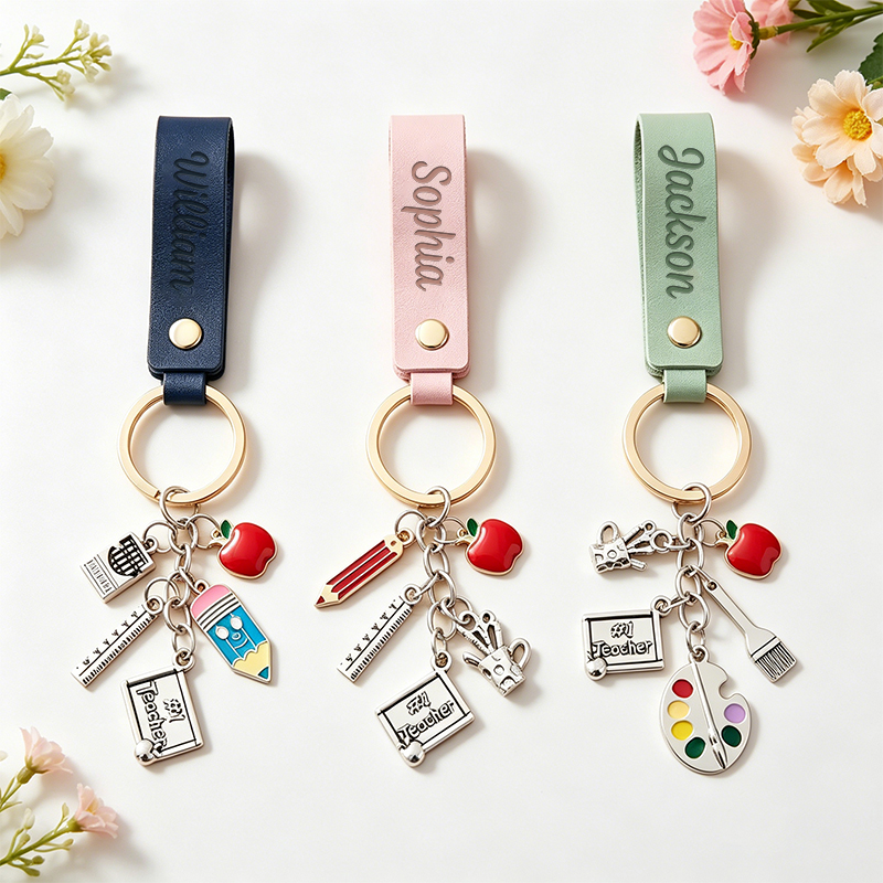 Personalized Name Graduation Gift Leather Teacher Keychain