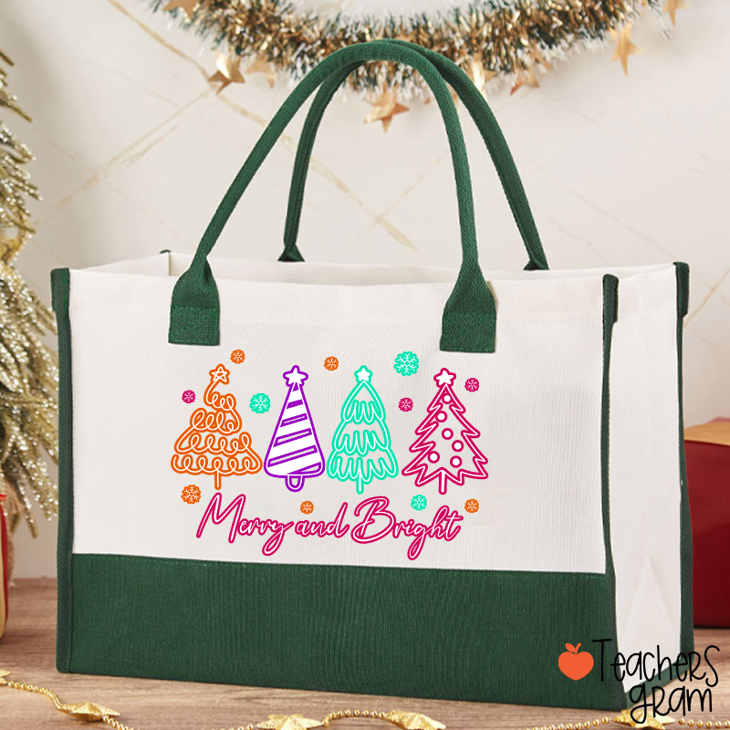 Neon Christmas Tree Merry Christmas Teacher Cotton Tote Bag