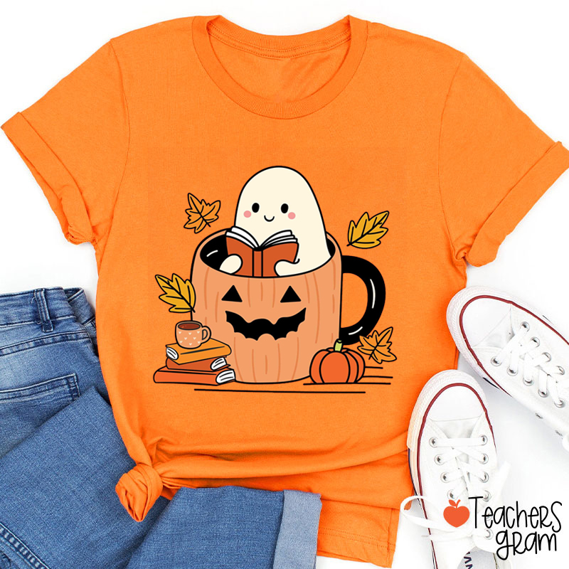 Pumpkin Water Cup Reading Ghost Teacher T-Shirt