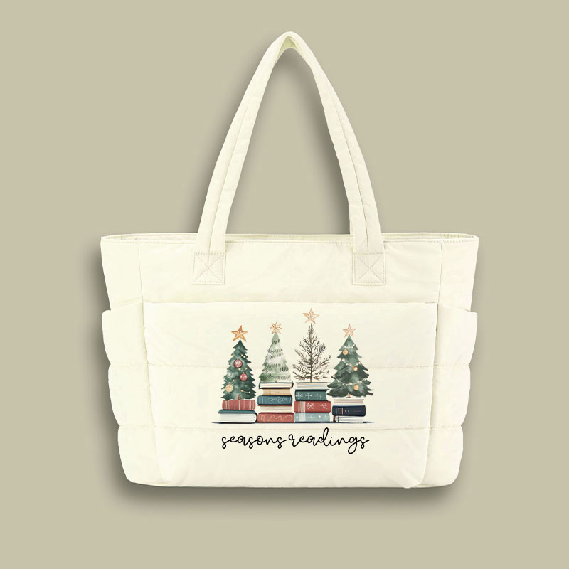 Bookish Christmas Seasons Readings Teacher Puffy Tote Bag