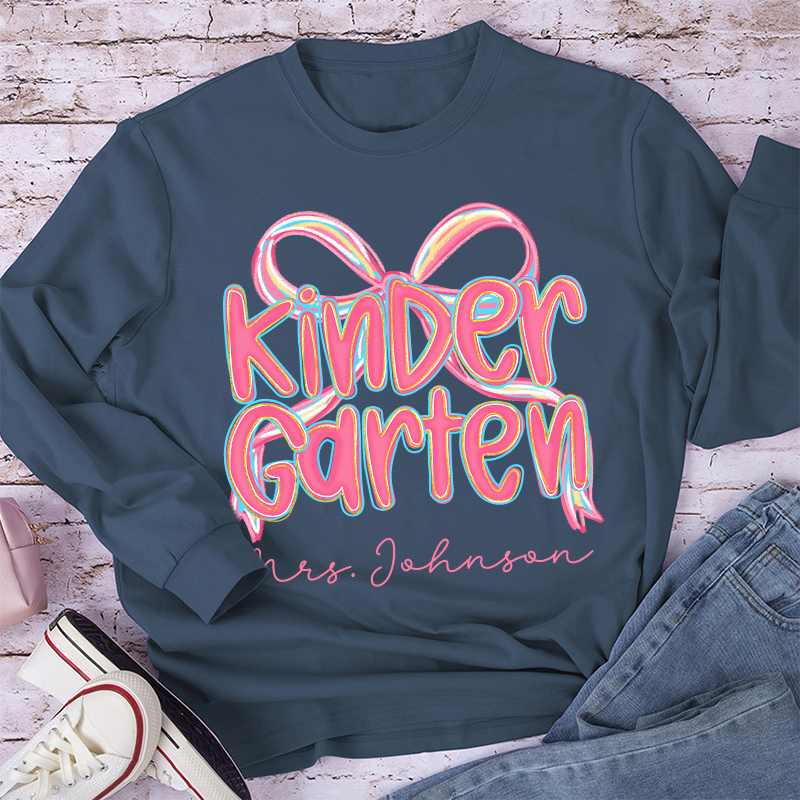 Personalized Grade Pink Bow Teacher Long Sleeve T-Shirt