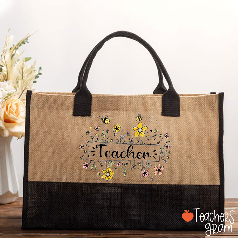 Personalized Name Flowers Bees Teacher Cotton Tote Bag