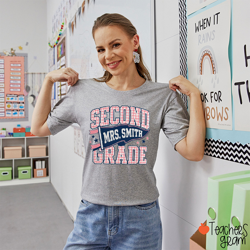 Personalized Name And Grade Checkered Pennant Teacher T-Shirt