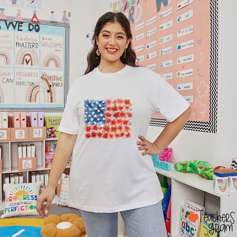 Floral American Flag Teacher T-Shirt