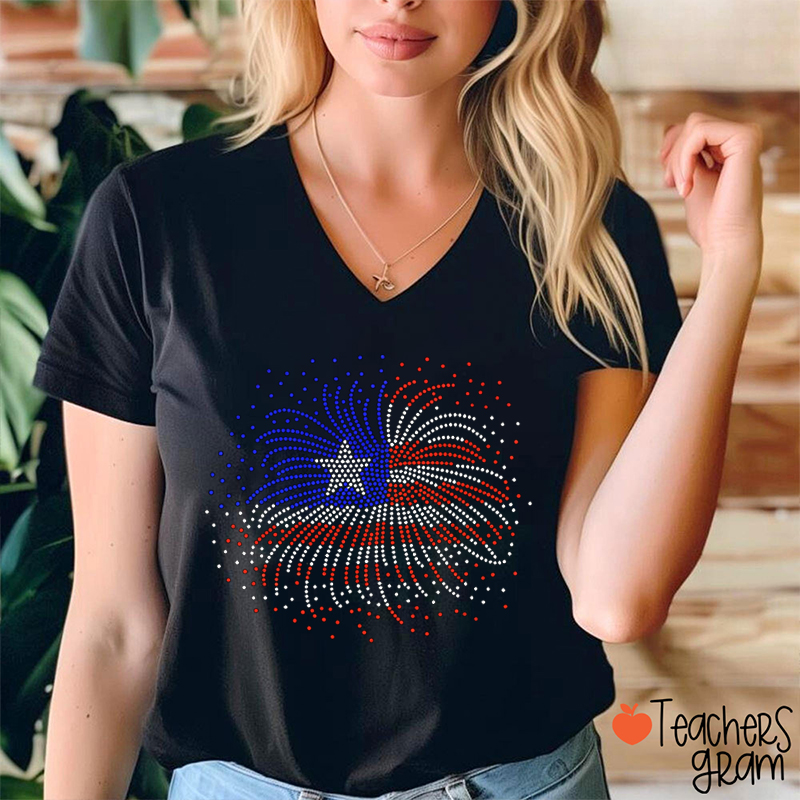 Sparkle Rhinestone Flag Fireworks Teacher Female V-Neck T-Shirt