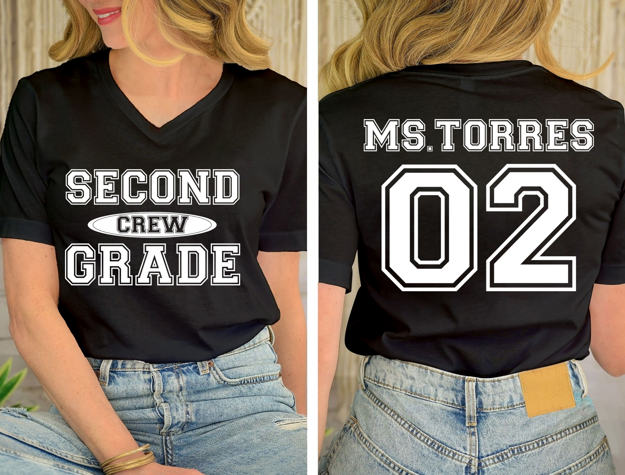 Personalized My Class Crew Teacher Female V-Neck Two Sided T-Shirt