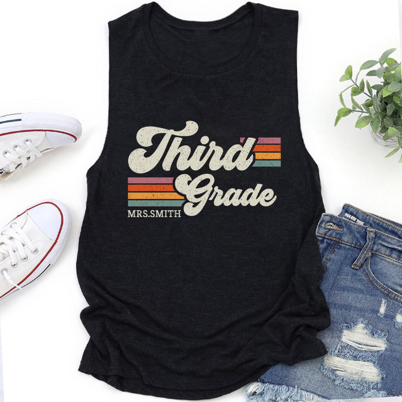 Personalized Grade And Name Retro Horizontal Stripes Teacher Tank Top