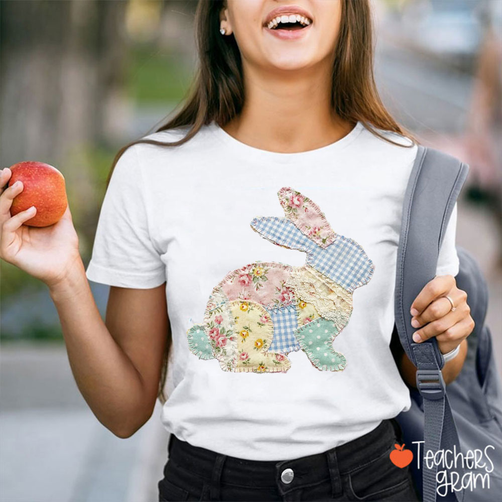 Faux Patchwork Rabbit Easter Vibe Teacher T-Shirt