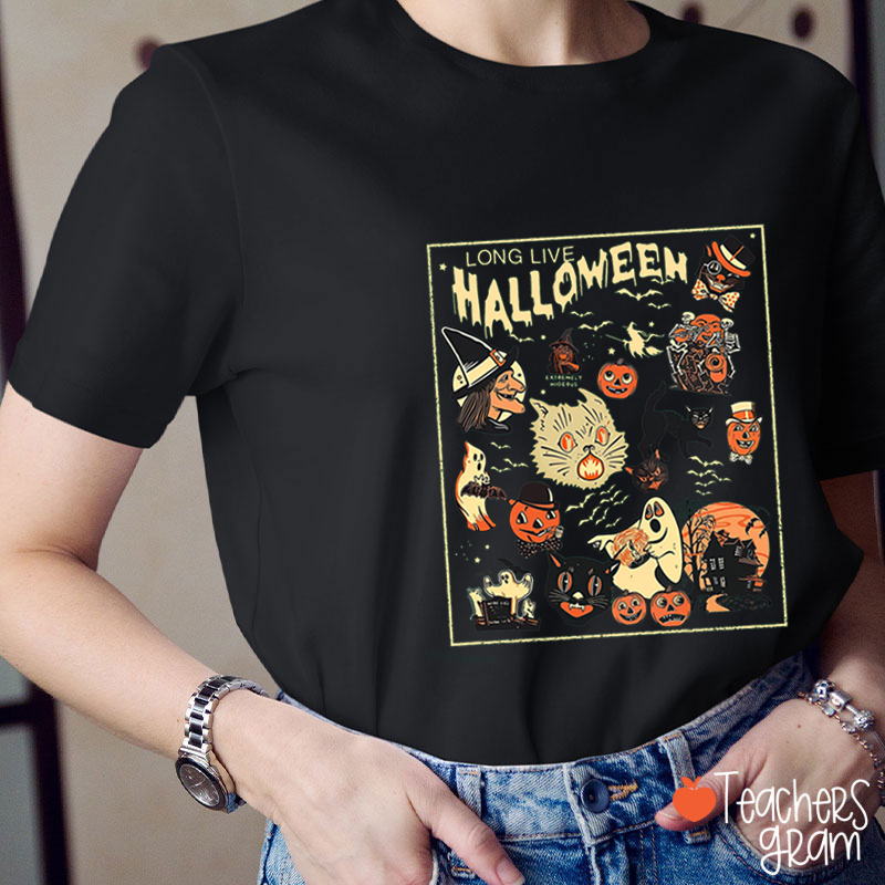 Long Live Halloween Pumpkin Black Cat Teacher T-Shirt