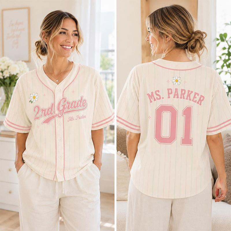 Personalized Grade And Name Preppy Pinstripe Daisy First Day Teacher Baseball Jersey