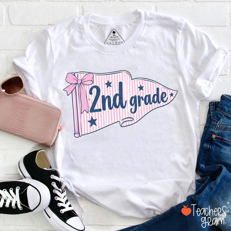 Personalized Grade Coquette Pennant Flag Teacher T-Shirt