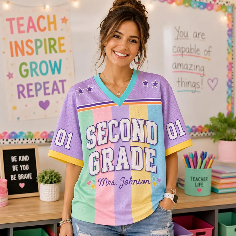 Personalized Grade And Name Preppy Rainbow Vertical Stripes First Day Teacher Mesh Jersey