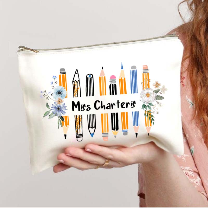 Personalized Name Colored Pencil Flowers Teacher Makeup Bag