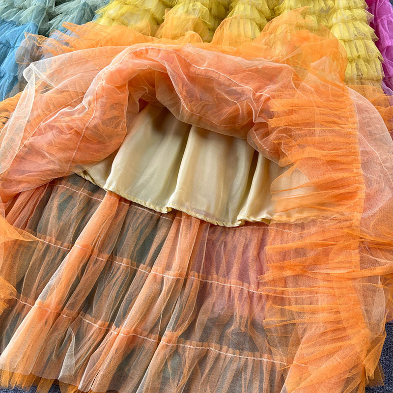 Gradient Color Irregular Mesh Long Cake Skirt Dress