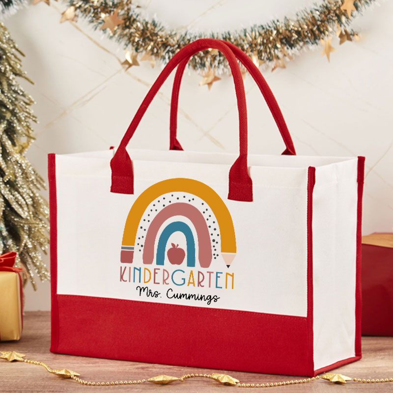 Personalized Name Rainbow Apple Teacher Cotton Tote Bag