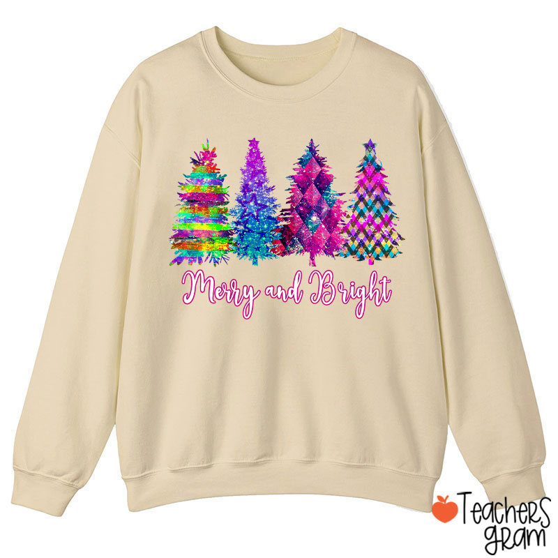Merry And Bright Colorful Christmas Tree Teacher Sweatshirt