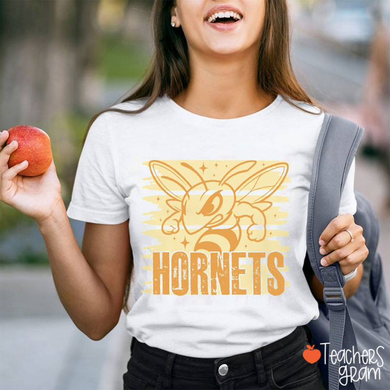 Personalized Mascot Retro Striped Sparkle Teacher T‑Shirt