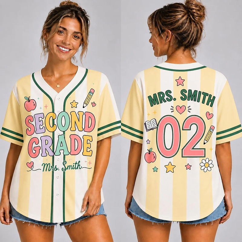 Personalized Grade And Name Preppy Vertical Stripes Baseball First Day Teacher Baseball Jersey