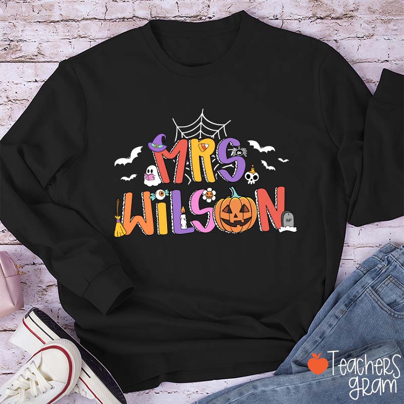 Personalized Name Spider Web Ghost Pumpkin Teacher Long Sleeve T-Shirt