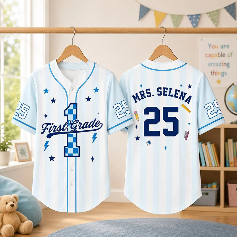Personalized Grade And Name Preppy Stripes Check Number First Day Teacher Mesh Jersey