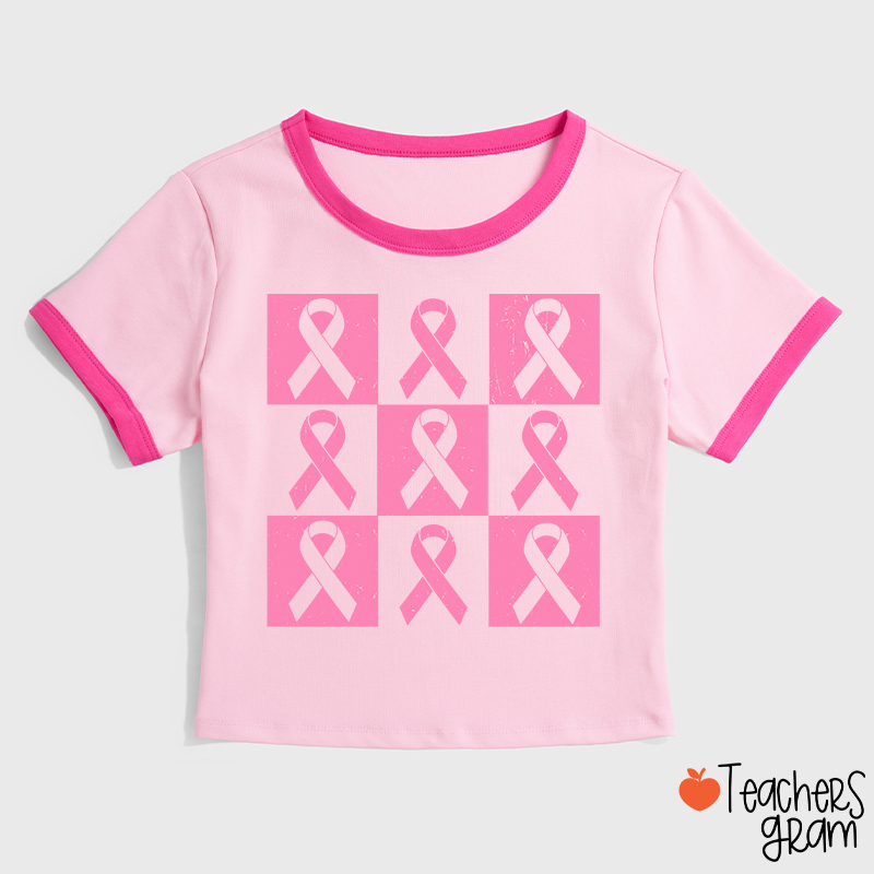 Pink Ribbon Breast Cancer Awareness Teacher Ringer T-Shirt