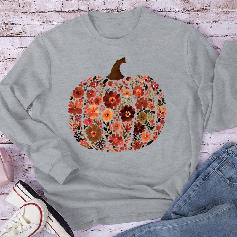 Pumpkin Orange Flowers Grass Teacher Long Sleeve T-Shirt
