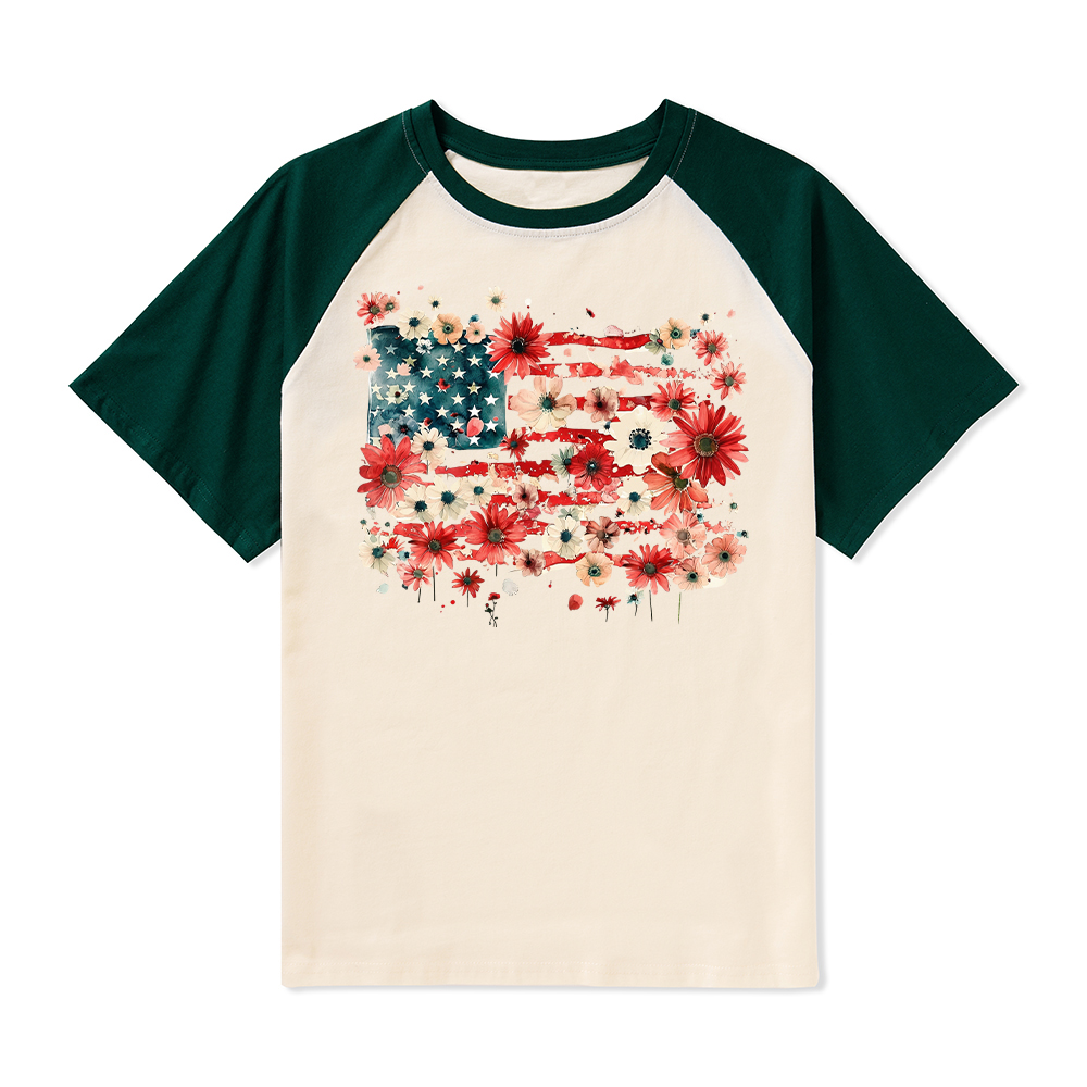 American Flag Floral Teacher Raglan T-Shirt