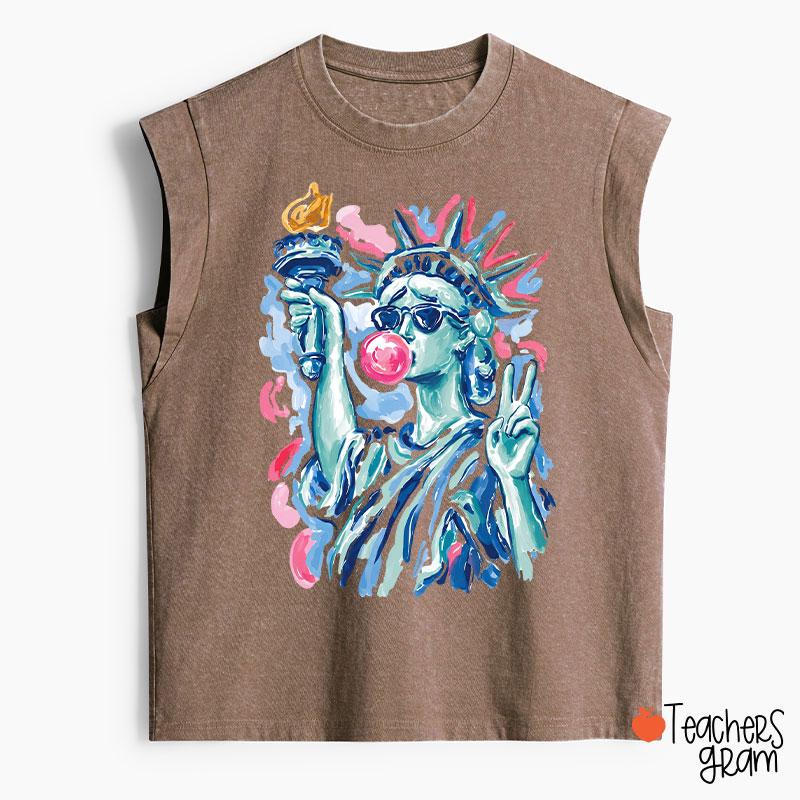 Preppy Statue Of Liberty Blowing Bubble Teacher Washed Tank Top