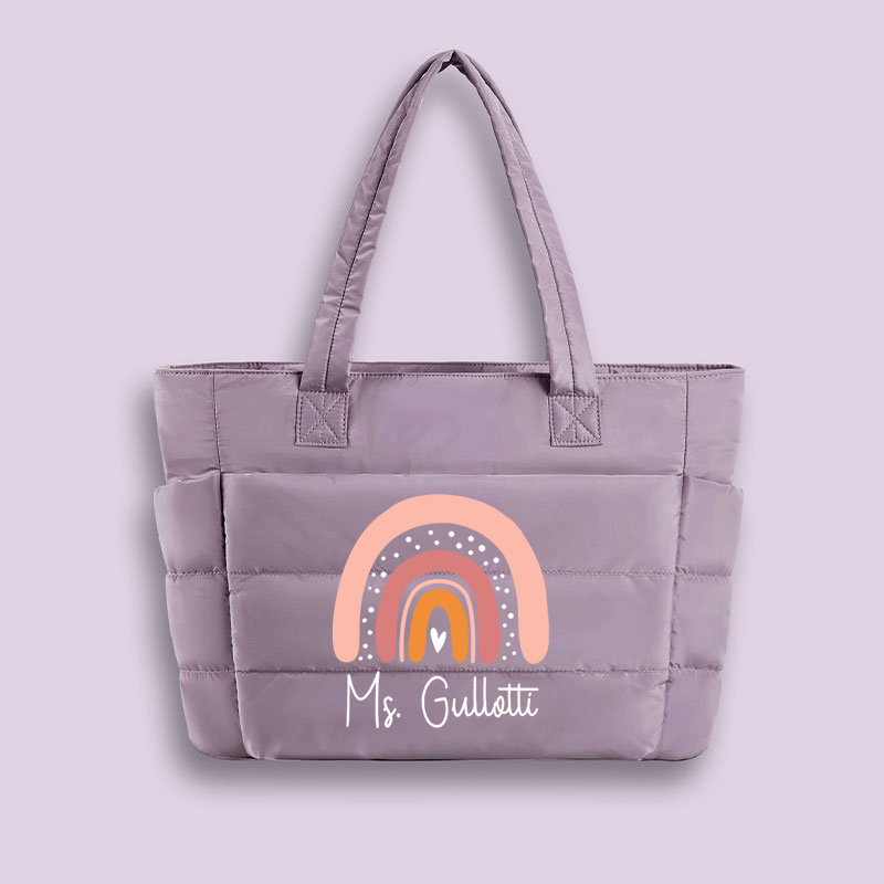 Personalized Purple Rainbow Teacher Puffy Tote Bag
