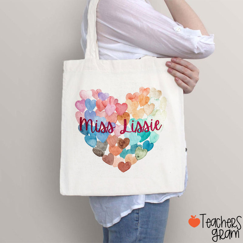 Personalized Name Watercolor Hearts Teacher Tote Bag