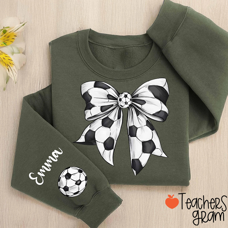 Personalized Name Soccer Bow Coquette Game Day Teacher Sleeve Print Sweatshirt