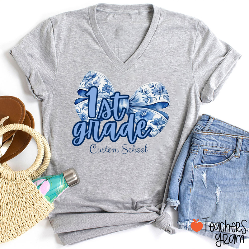 Personalized Bow Tie And Swash Teacher Female V-Neck T-Shirt