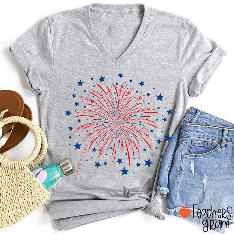 4th Of July Firework Teacher Female V-Neck T-Shirt
