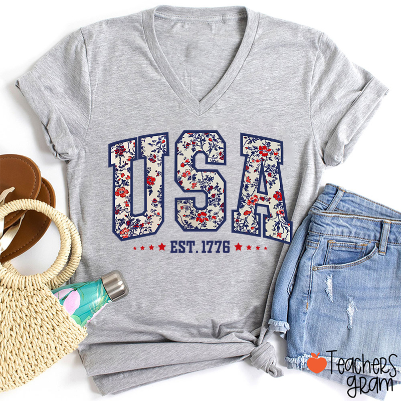 Retro Floral USA Teacher Female V-Neck T-Shirt