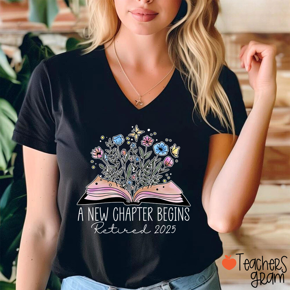 Personalized A New Chapter Begins Retired Teacher Female V-Neck T-Shirt