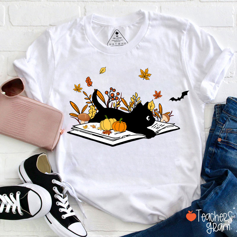 Black Cat With Book Teacher T-Shirt