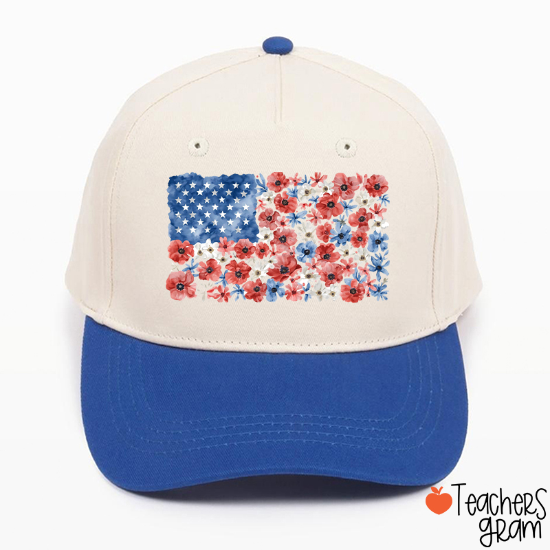 Vintage Floral USA Flag Teacher Baseball Cap