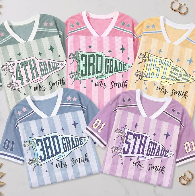 Personalized Grade And Name Striped Pennant Bow Star Teacher Mesh Jersey