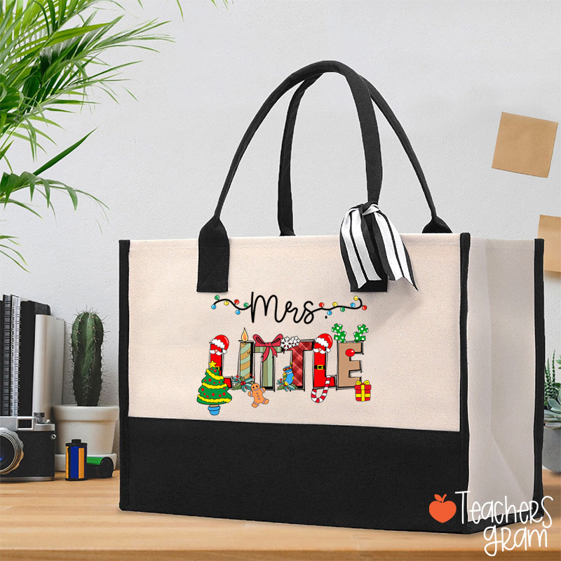Personalized Name Cute Christmas Elements Teacher Cotton Tote Bag