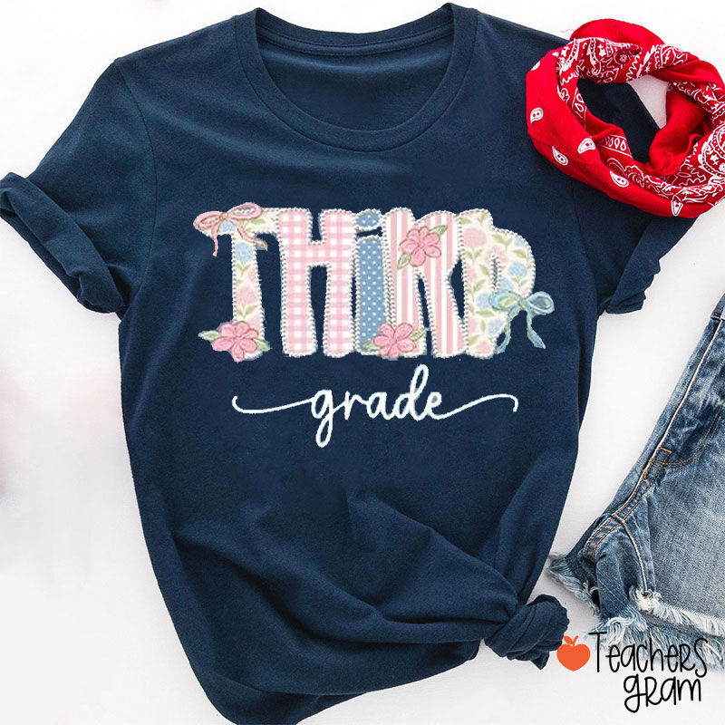Personalized Grade Gingham Floral Bow Varsity Letter Teacher T-Shirt
