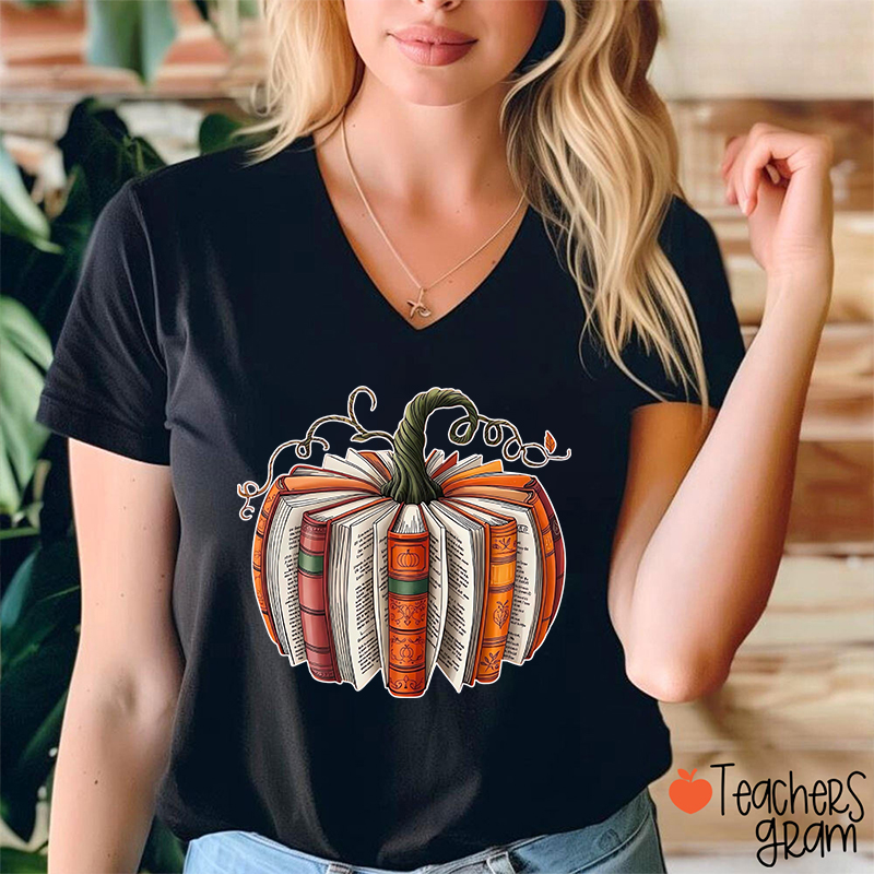 Pumpkin Book Teacher Female V-Neck T-Shirt