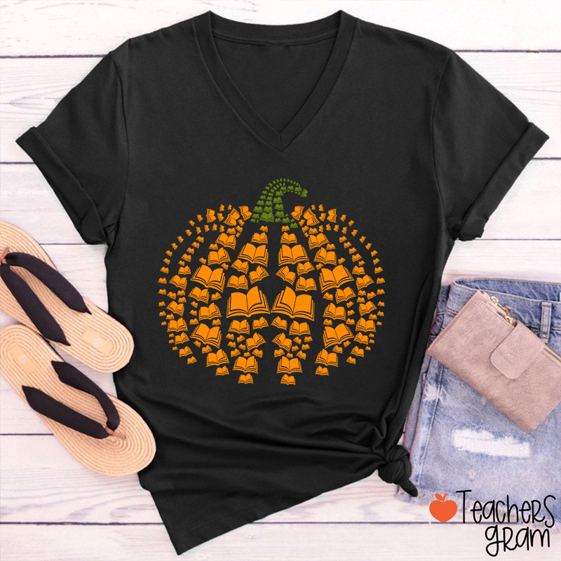 Halloween Pumpkins And Books Teacher Female V-Neck T-Shirt