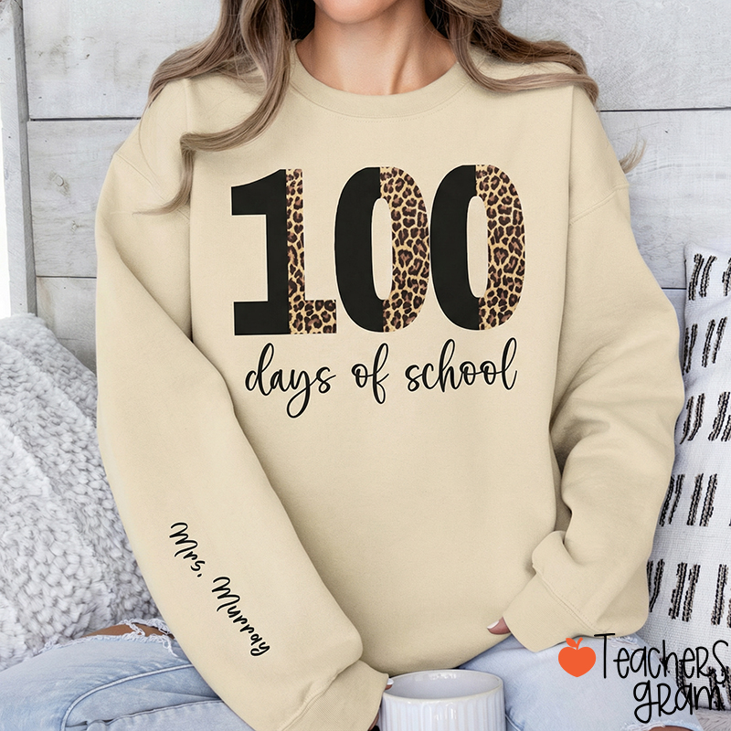 Personalized Name Leopard 100th Day Of School Teacher Sleeve Print Sweatshirt