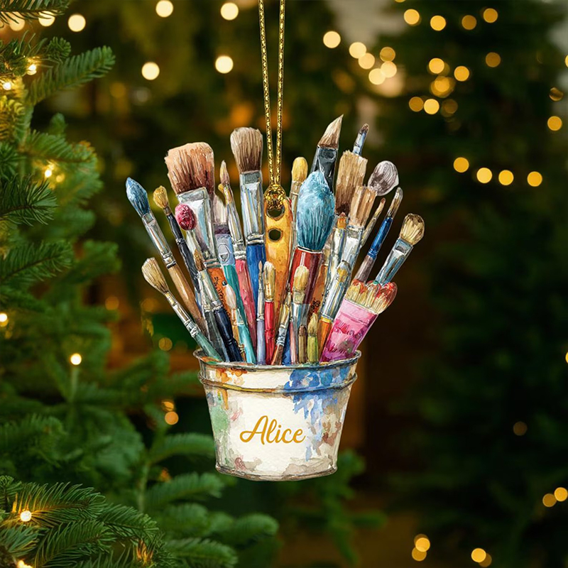 Personalized Name Art Brushes Teacher Ceramic Christmas Ornament